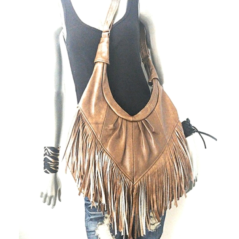 LAST ONE! BROWN LEATHER Boho Fringe Hobo Bag